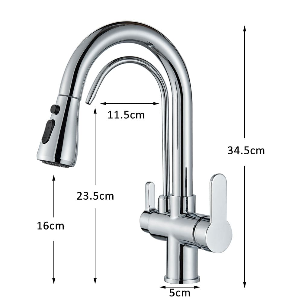Baterie de bucatarie cu 3 căi, argintiu lucios, cu 2 funcții de curgere și duș extractibil, cod 1461