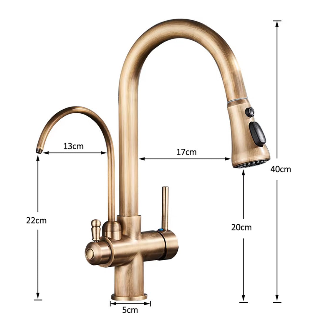 Baterie de bucatarie cu 3 căi, auriu antichizat, cu 2 funcții de curgere și duș extractibil, cod 1493
