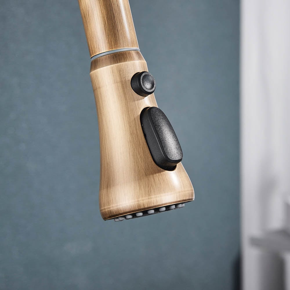 Baterie de bucatarie cu 3 căi, auriu antichizat, cu 2 funcții de curgere și duș extractibil, cod 1493