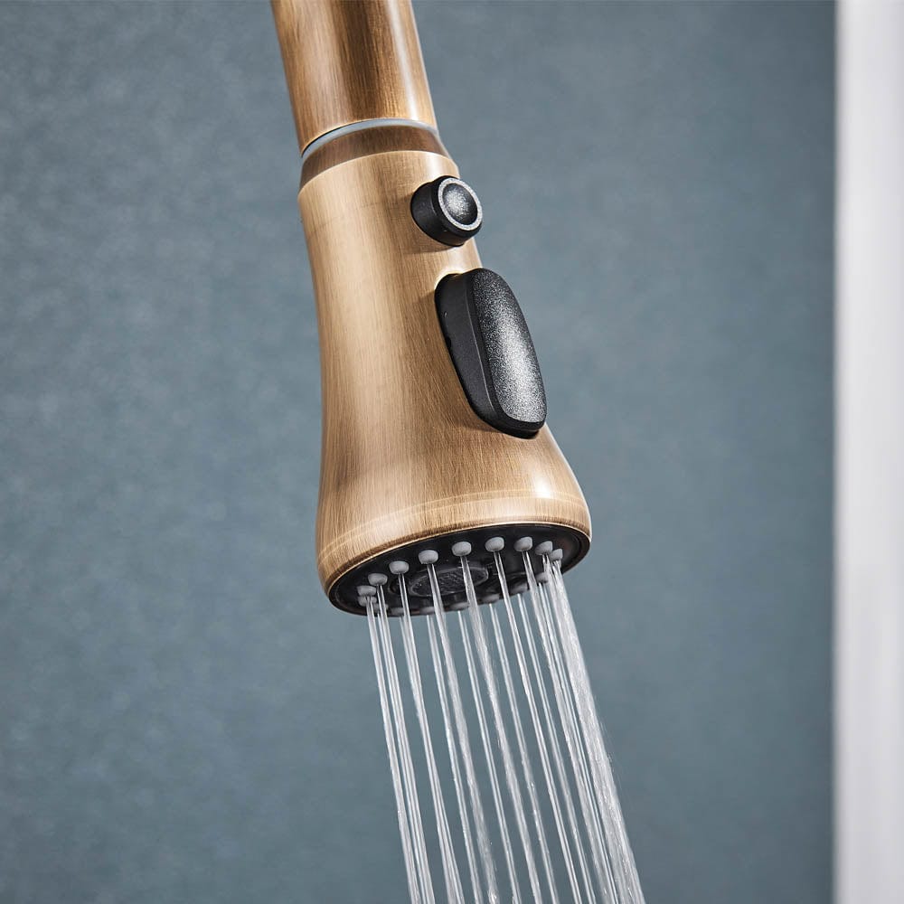 Baterie de bucatarie cu 3 căi, auriu antichizat, cu 2 funcții de curgere și duș extractibil, cod 1493