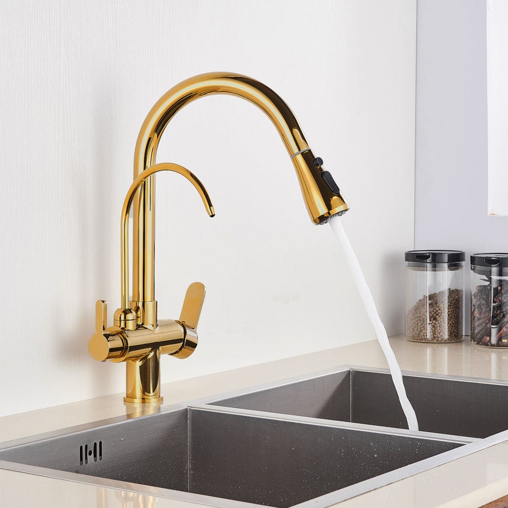 Baterie de bucatarie cu 3 cai, auriu lucios, cu 2 functii de curgere si dus extractibil, cod 1506