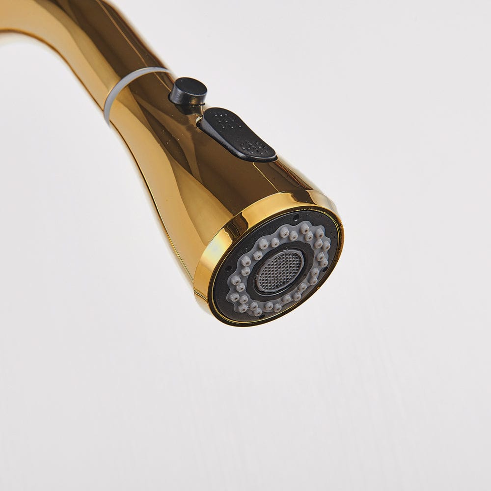 Baterie de bucatarie cu 3 cai, auriu lucios, cu 2 functii de curgere si dus extractibil, cod 1506