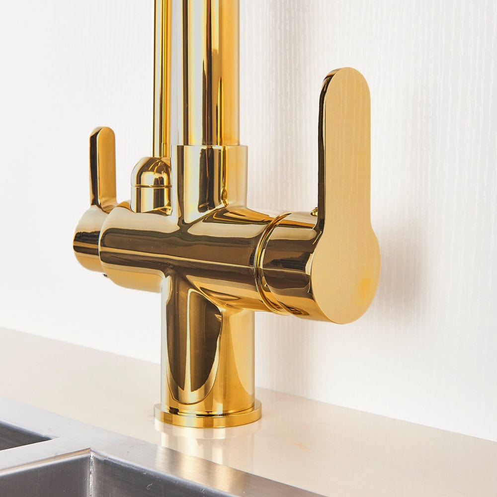 Baterie de bucatarie cu 3 cai, auriu lucios, cu 2 functii de curgere si dus extractibil, cod 1506