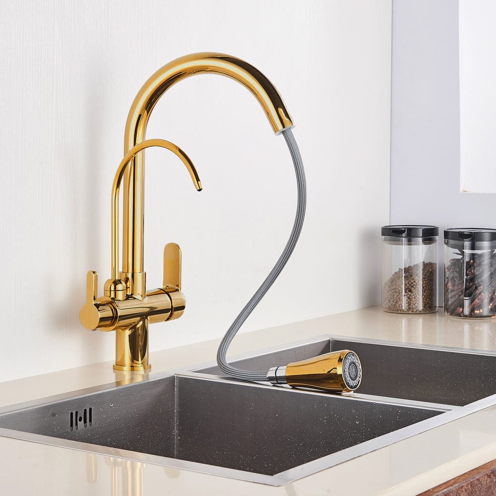 Baterie de bucatarie cu 3 cai, auriu lucios, cu 2 functii de curgere si dus extractibil, cod 1506