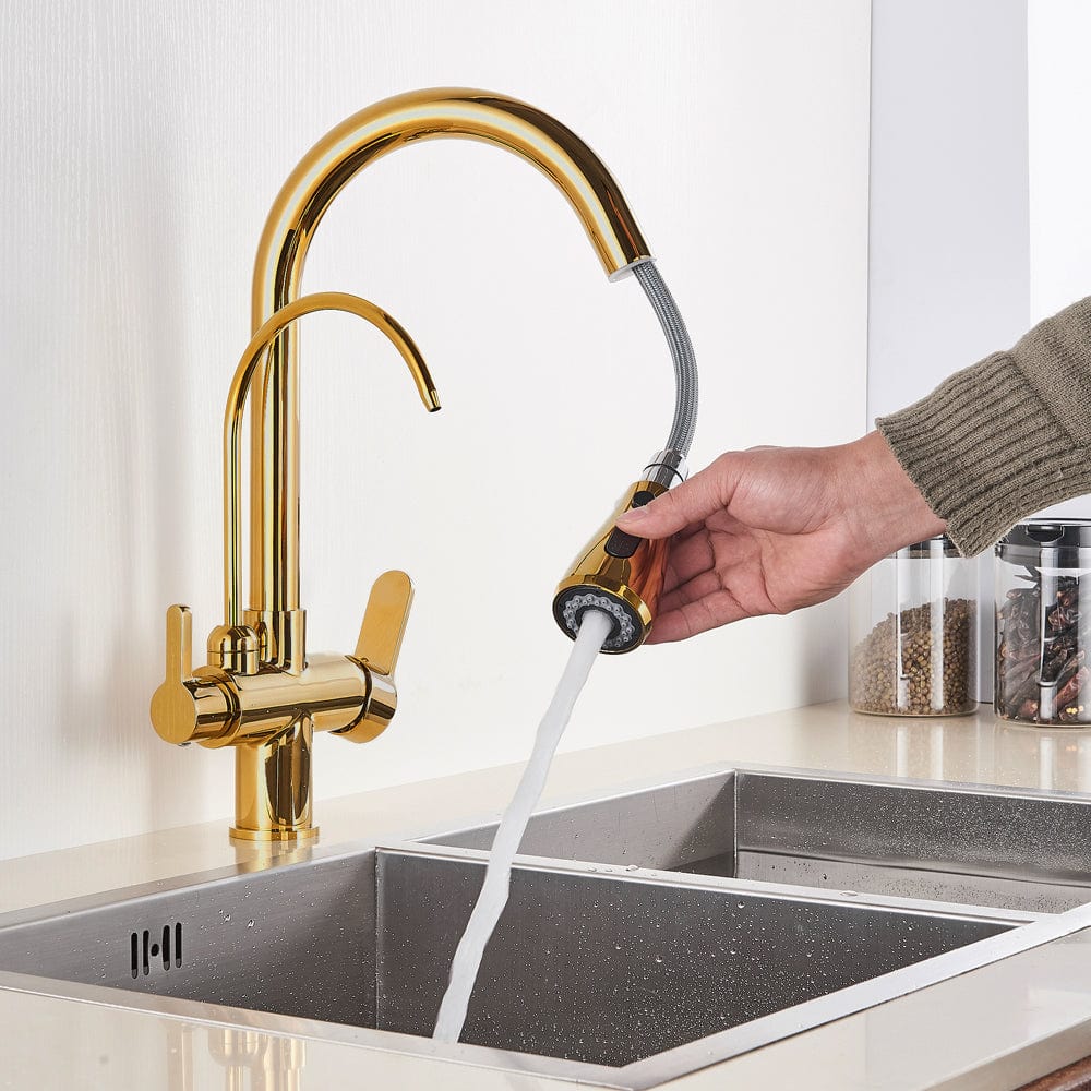 Baterie de bucatarie cu 3 cai, auriu lucios, cu 2 functii de curgere si dus extractibil, cod 1506