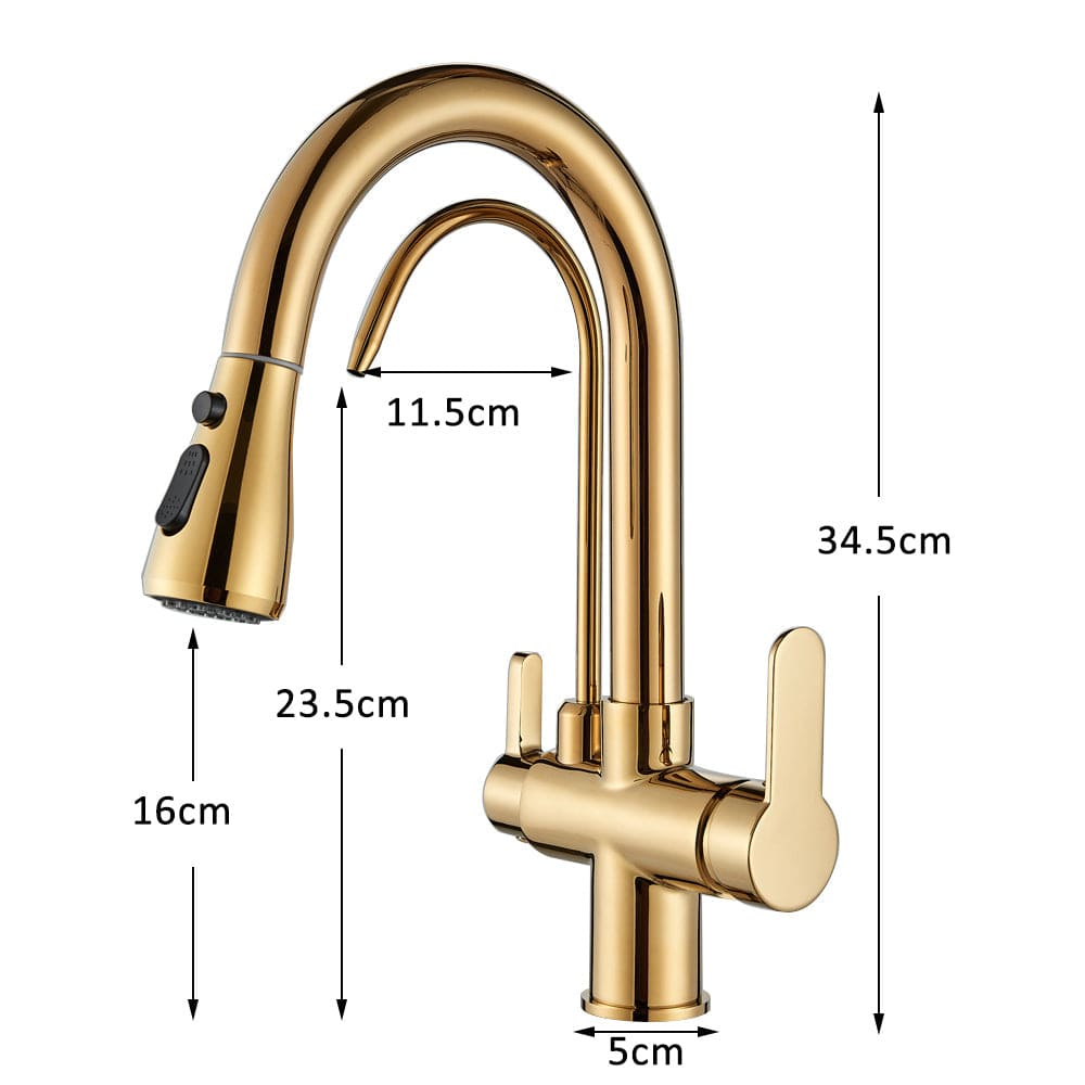 Baterie de bucatarie cu 3 cai, auriu lucios, cu 2 functii de curgere si dus extractibil, cod 1506