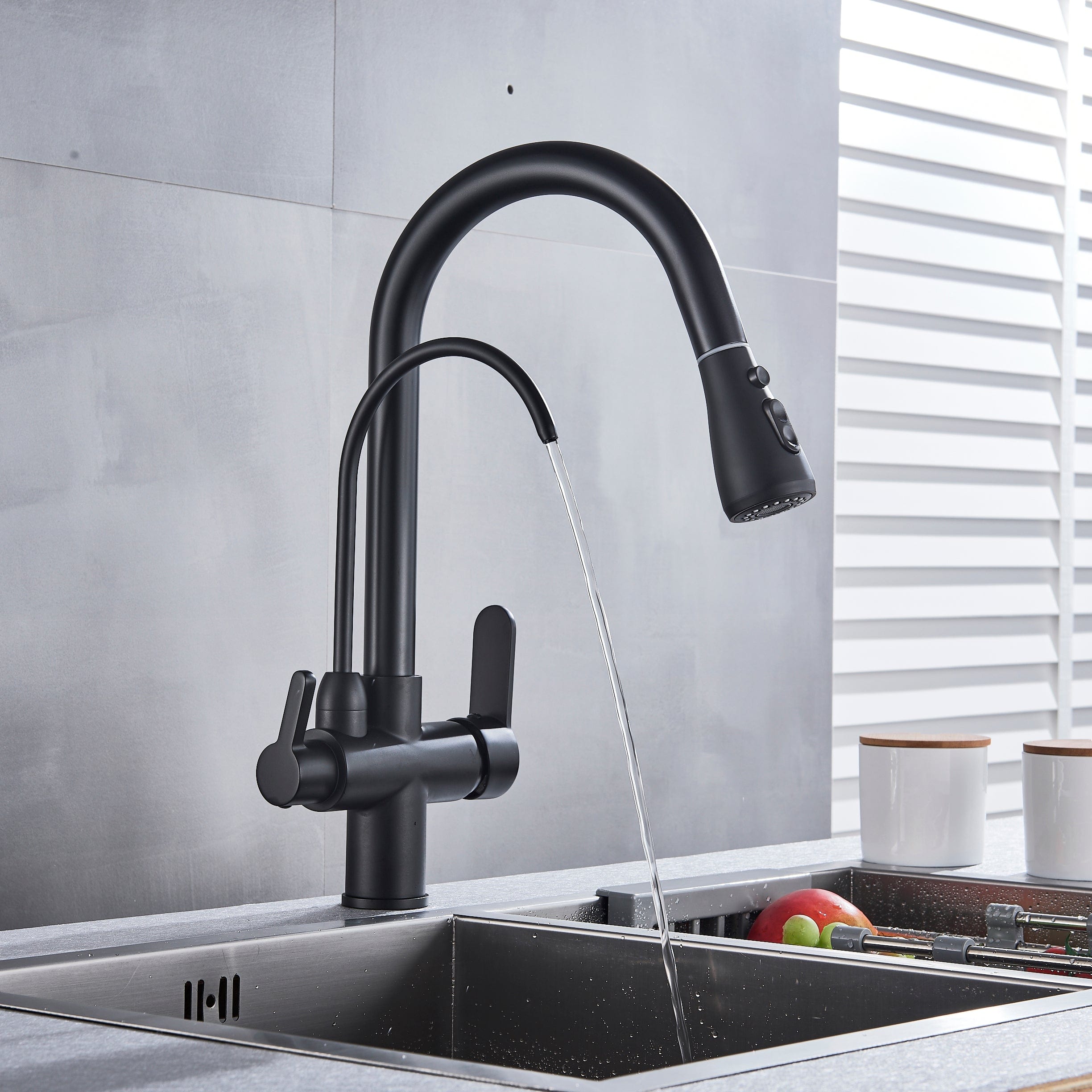 Baterie de bucatarie cu 3 căi, negru mat, cu 2 funcții de curgere și duș extractibil, cod 1381