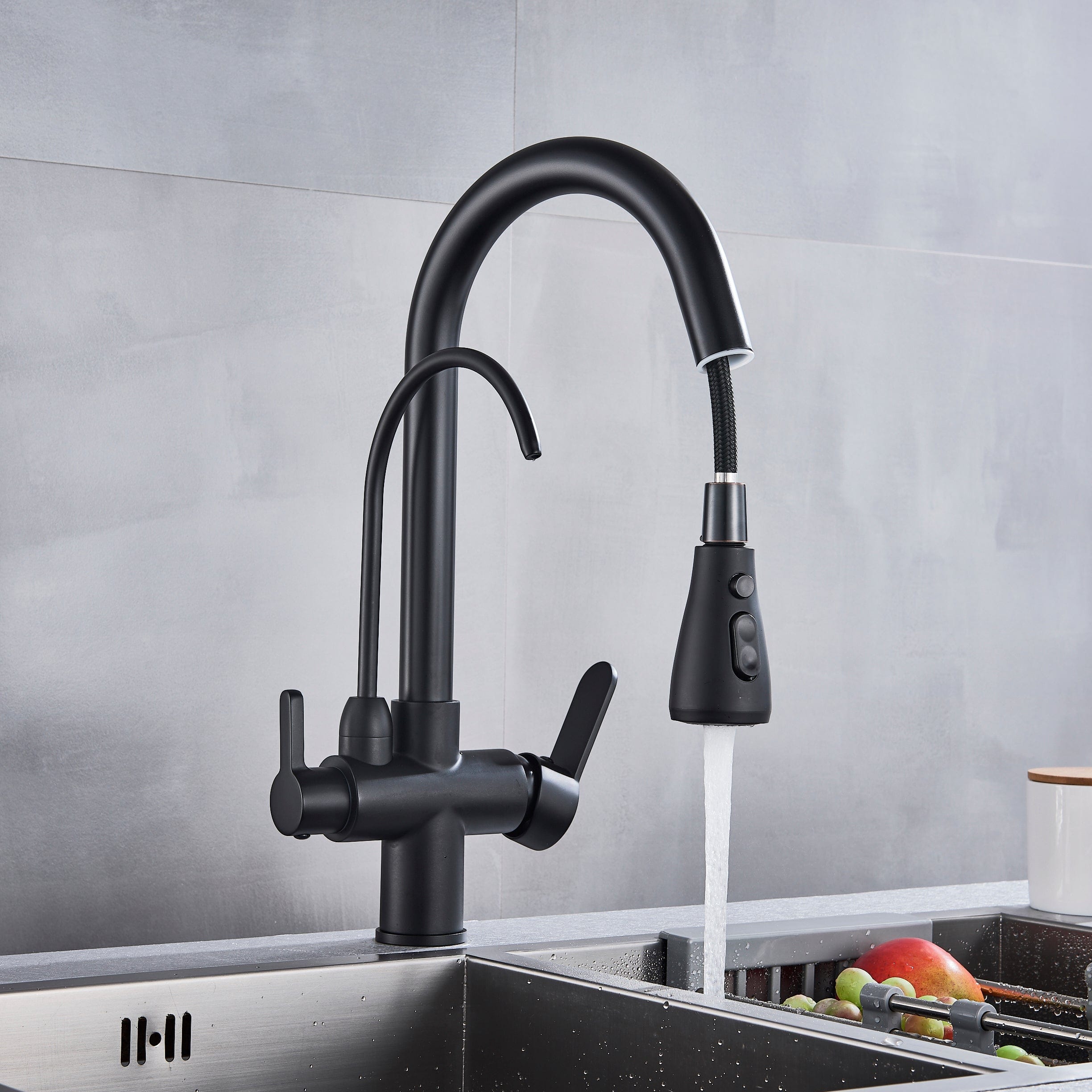 Baterie de bucatarie cu 3 căi, negru mat, cu 2 funcții de curgere și duș extractibil, cod 1381