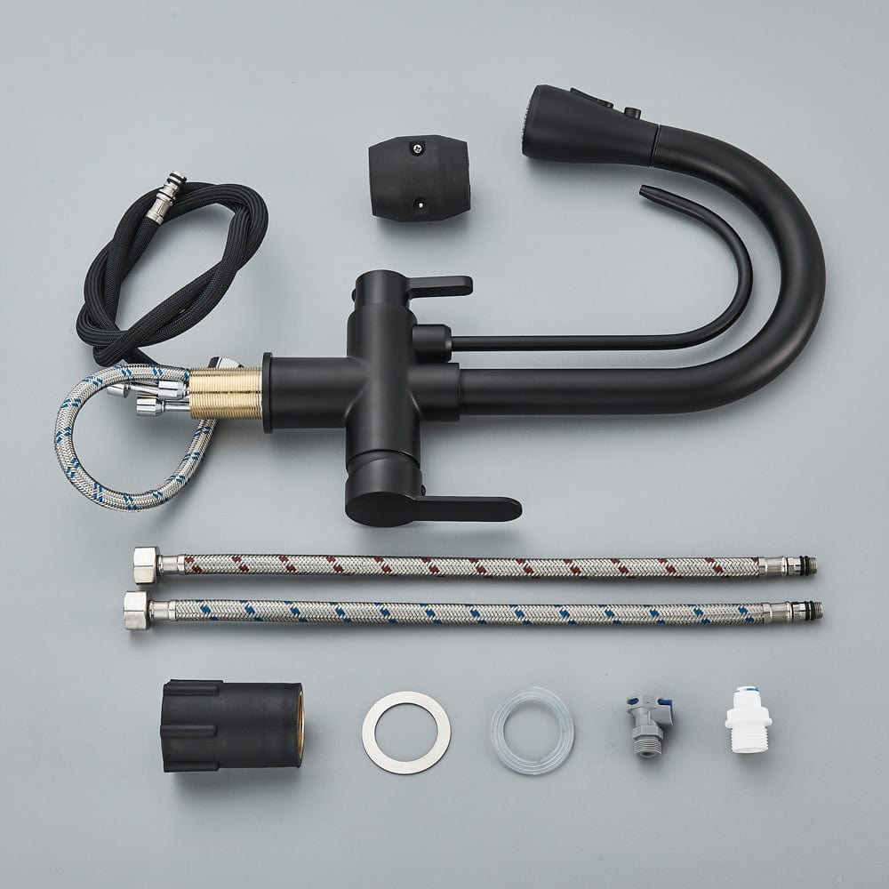 Baterie de bucatarie cu 3 căi, negru mat, cu 2 funcții de curgere și duș extractibil, cod 1381