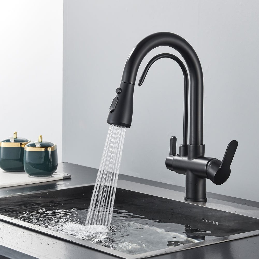 Baterie de bucatarie cu 3 căi, negru mat, cu 2 funcții de curgere și duș extractibil, cod 1381