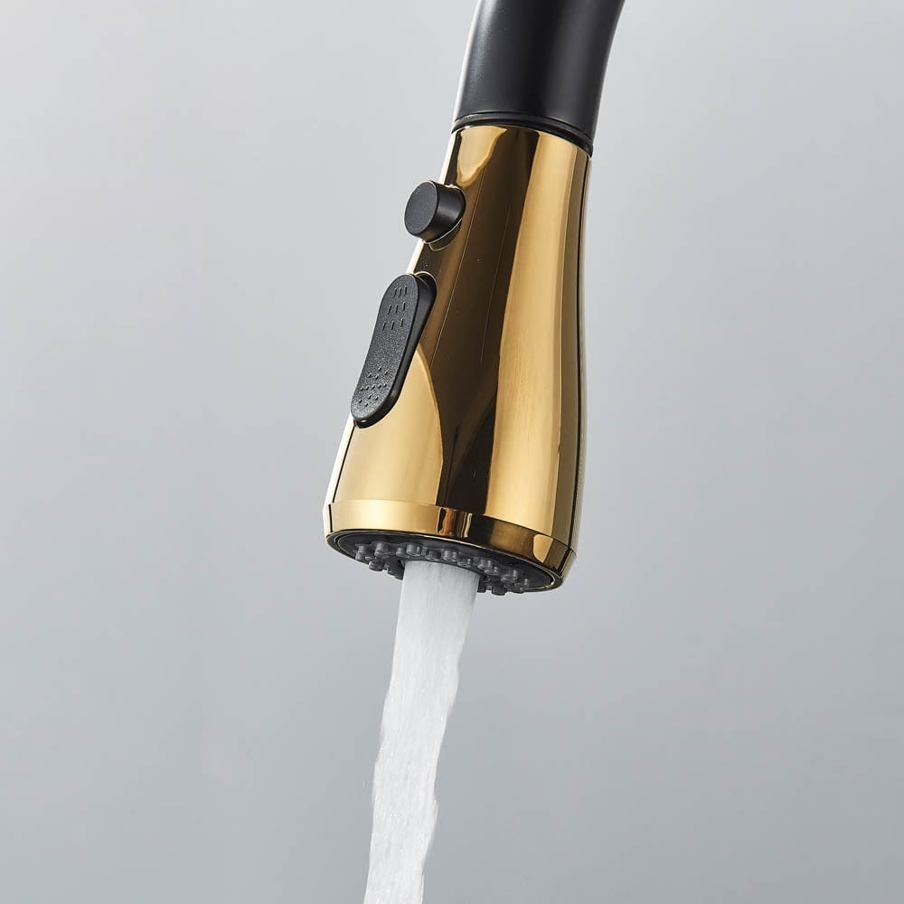 Baterie de bucatarie cu 3 căi, negru mat si auriu, cu 2 funcții de curgere și duș extractibil, cod 1460