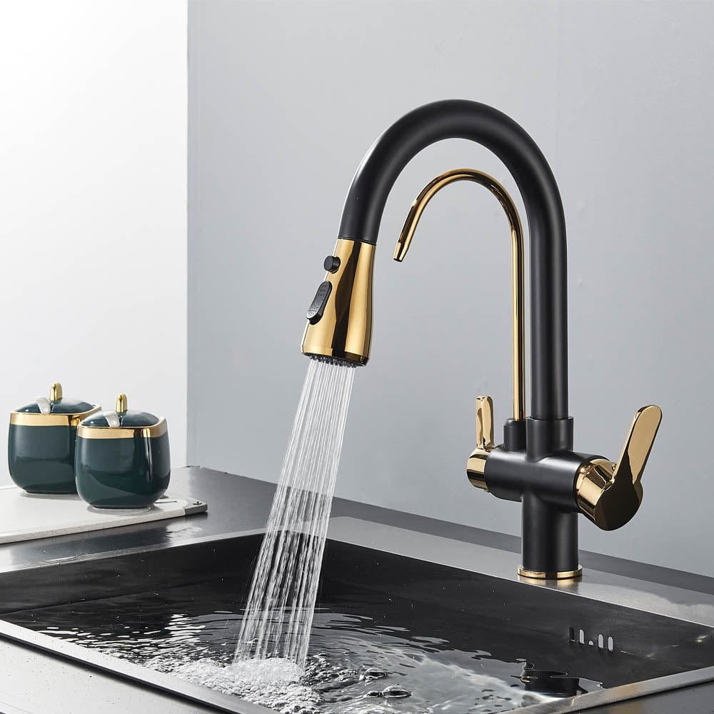 Baterie de bucatarie cu 3 căi, negru mat si auriu, cu 2 funcții de curgere și duș extractibil, cod 1460