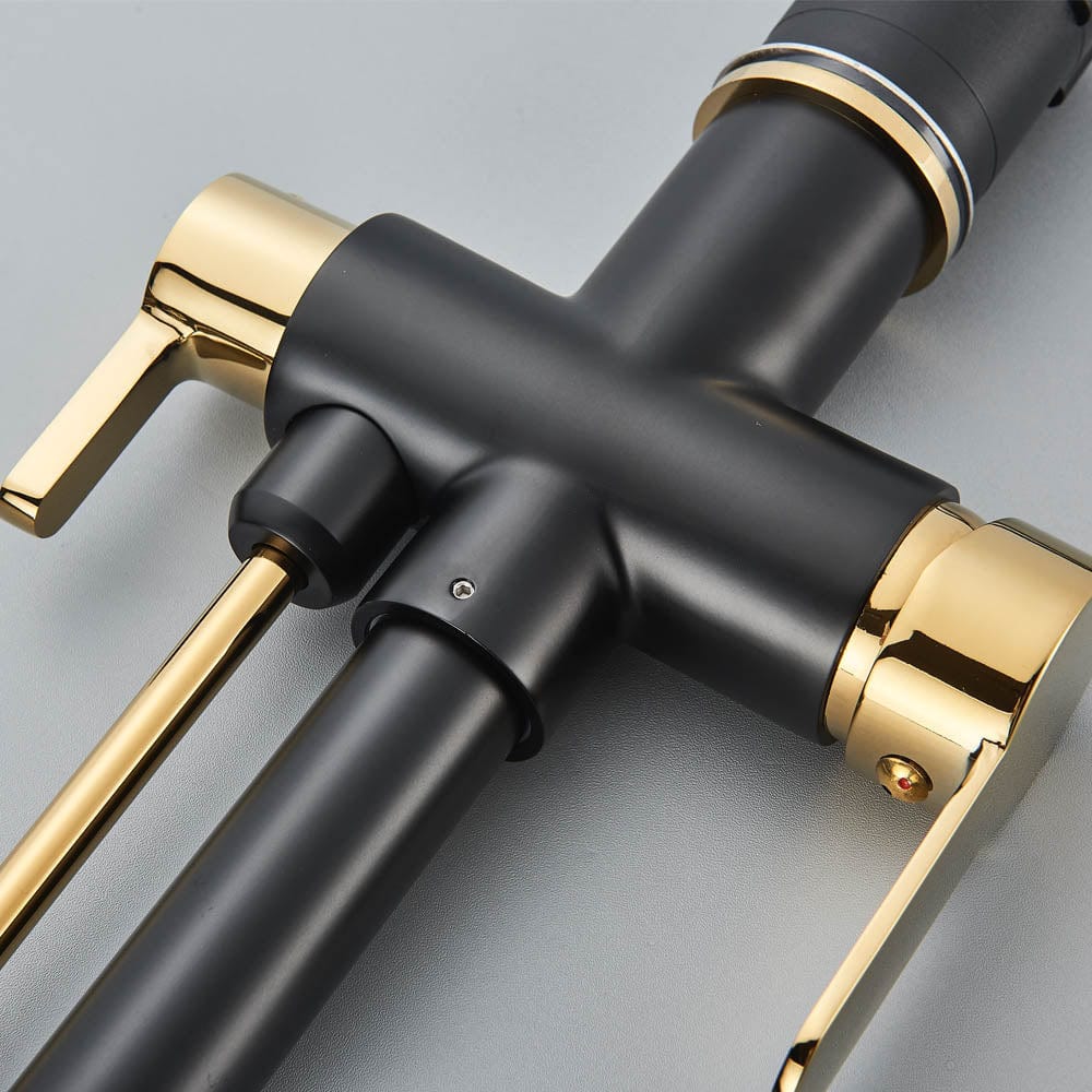 Baterie de bucatarie cu 3 căi, negru mat si auriu, cu 2 funcții de curgere și duș extractibil, cod 1460