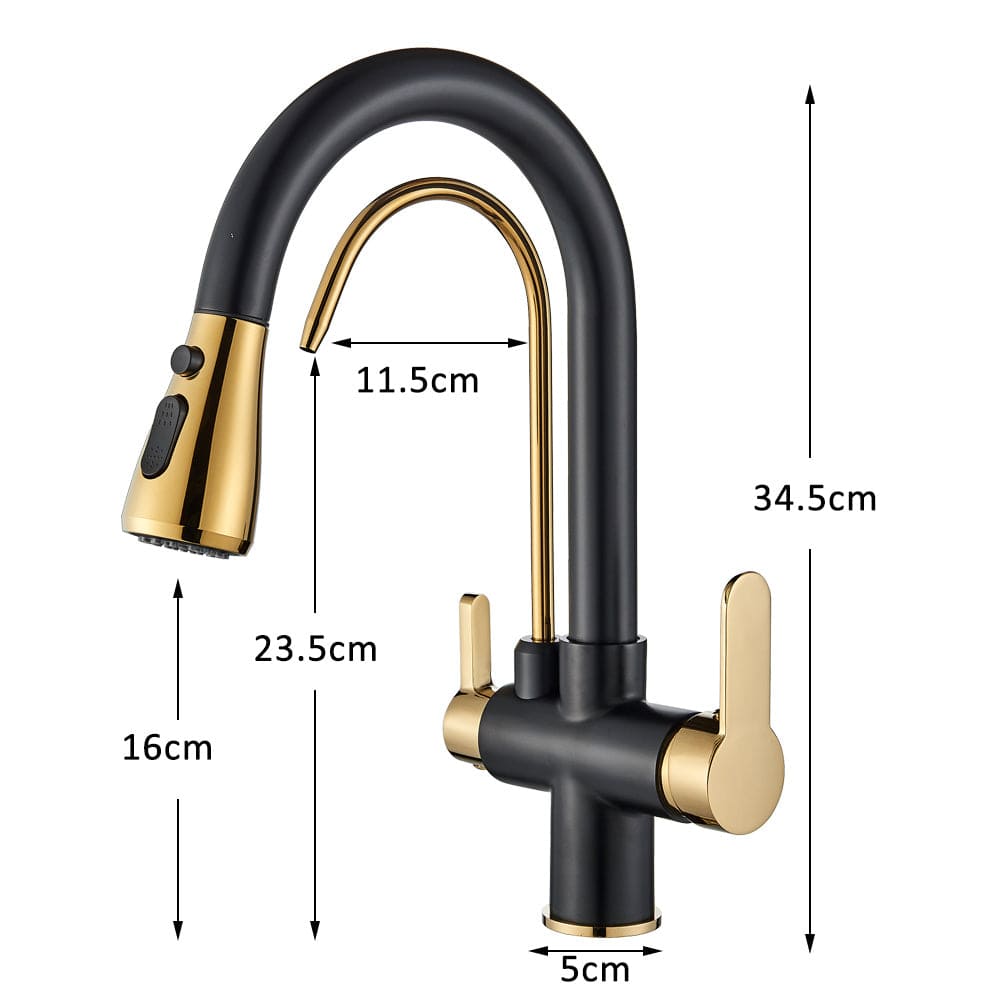 Baterie de bucatarie cu 3 căi, negru mat si auriu, cu 2 funcții de curgere și duș extractibil, cod 1460