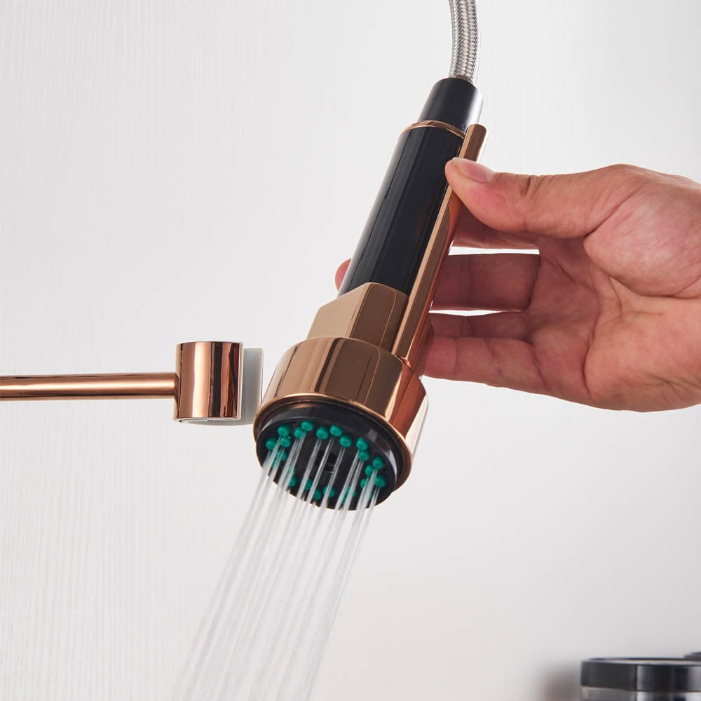 Baterie de bucatarie cu dus detasabil, negru-rose, cod 1473