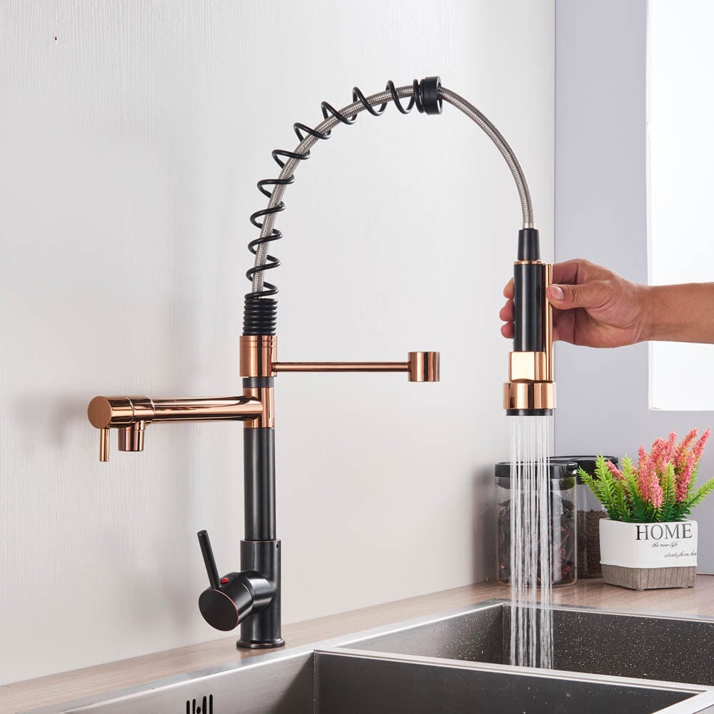 Baterie de bucatarie cu dus detasabil, negru-rose, cod 1473