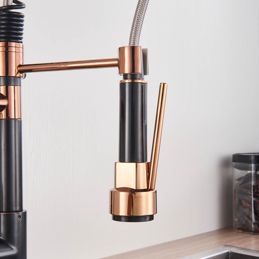 Baterie de bucatarie cu dus detasabil, negru-rose, cod 1473