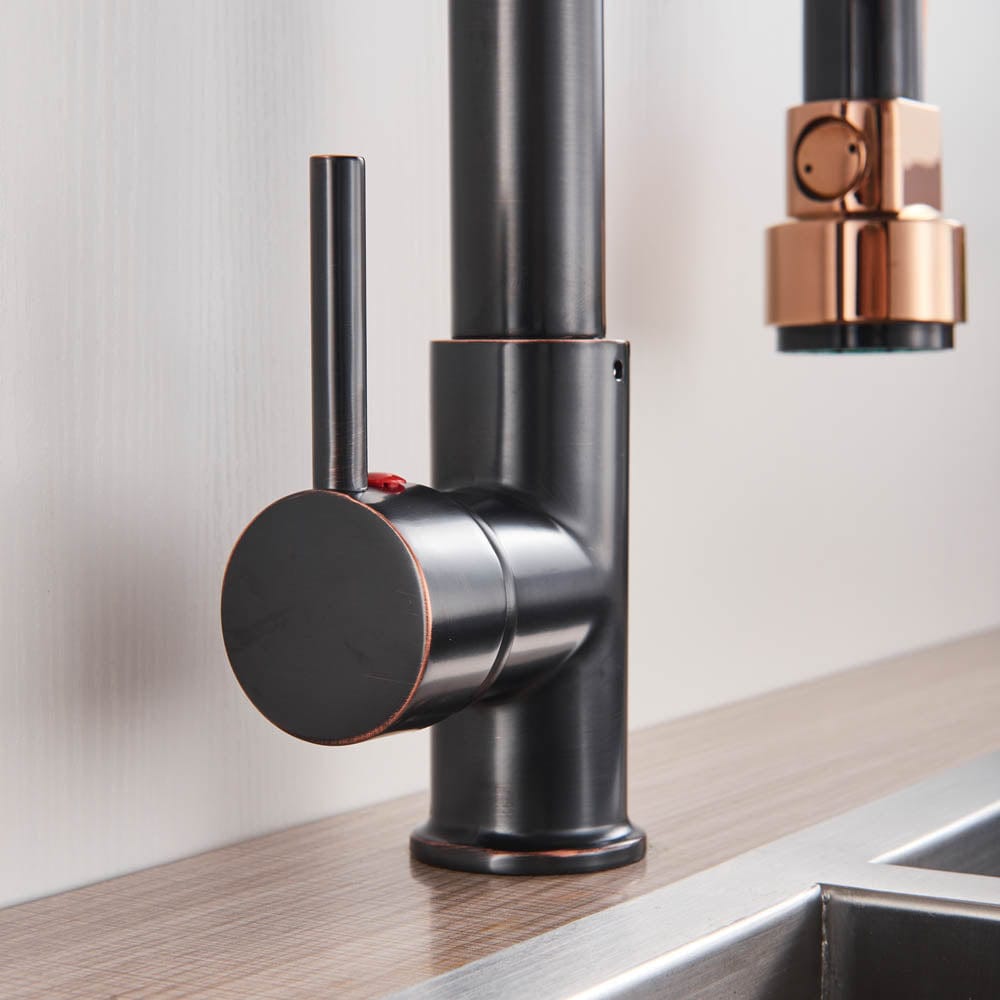 Baterie de bucatarie cu dus detasabil, negru-rose, cod 1473