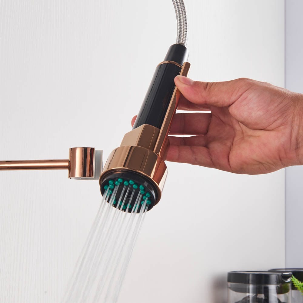 Baterie de bucatarie cu dus detasabil, negru-rose, cod 1473