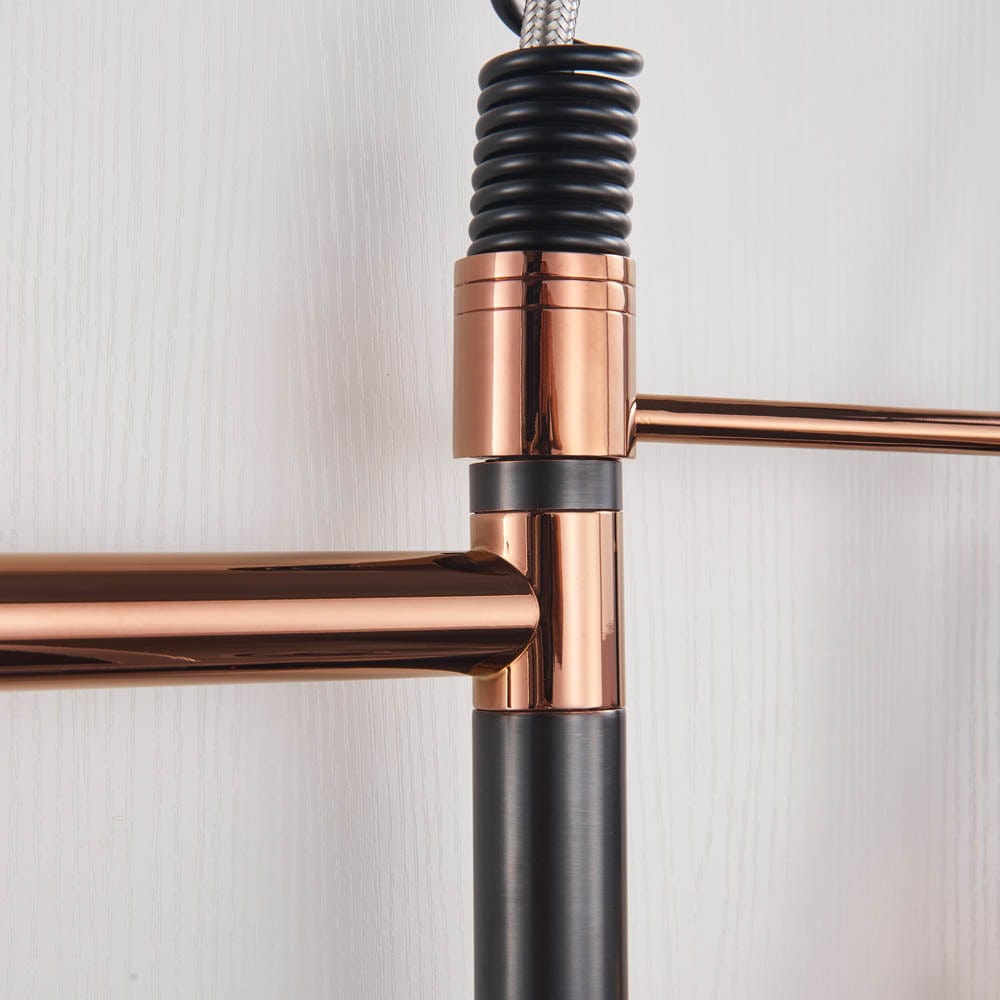 Baterie de bucatarie cu dus detasabil, negru-rose, cod 1473