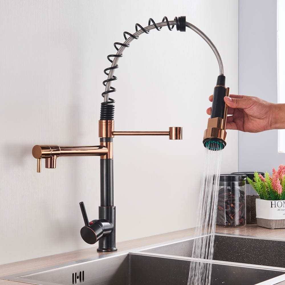 Baterie de bucatarie cu dus detasabil, negru-rose, cod 1473