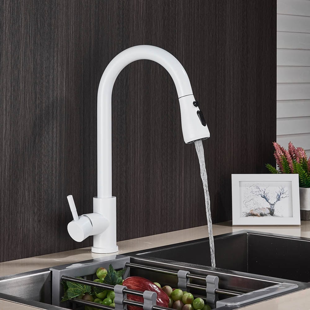 Baterie de bucatarie cu dus extractibil, alb, cod 1467