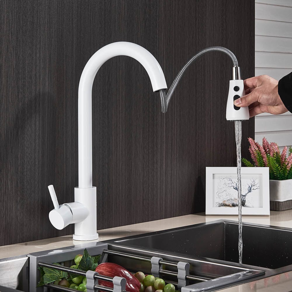 Baterie de bucatarie cu dus extractibil, alb, cod 1467