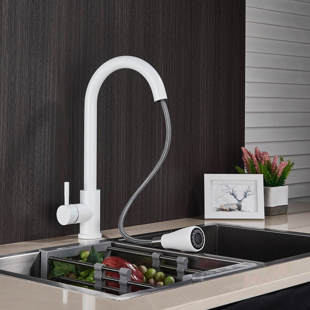 Baterie de bucatarie cu dus extractibil, alb, cod 1467