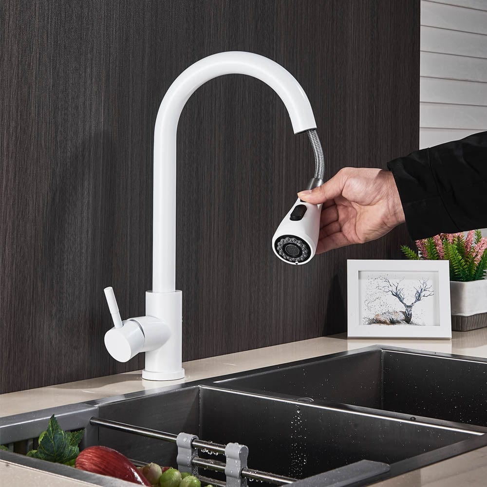 Baterie de bucatarie cu dus extractibil, alb, cod 1467