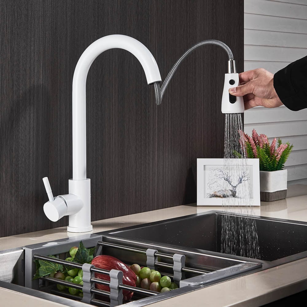 Baterie de bucatarie cu dus extractibil, alb, cod 1467