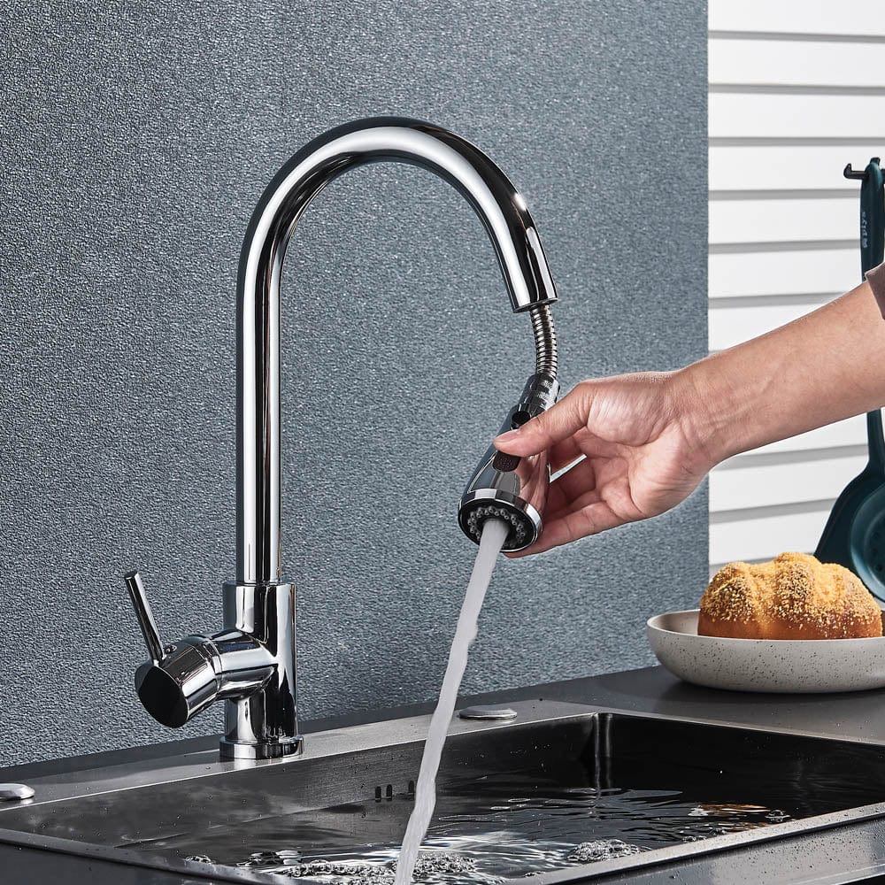 Baterie de bucatarie cu dus extractibil, argintiu, cod 1466