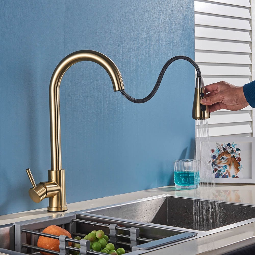 Baterie de bucatarie cu dus extractibil, auriu periat, cod 1468