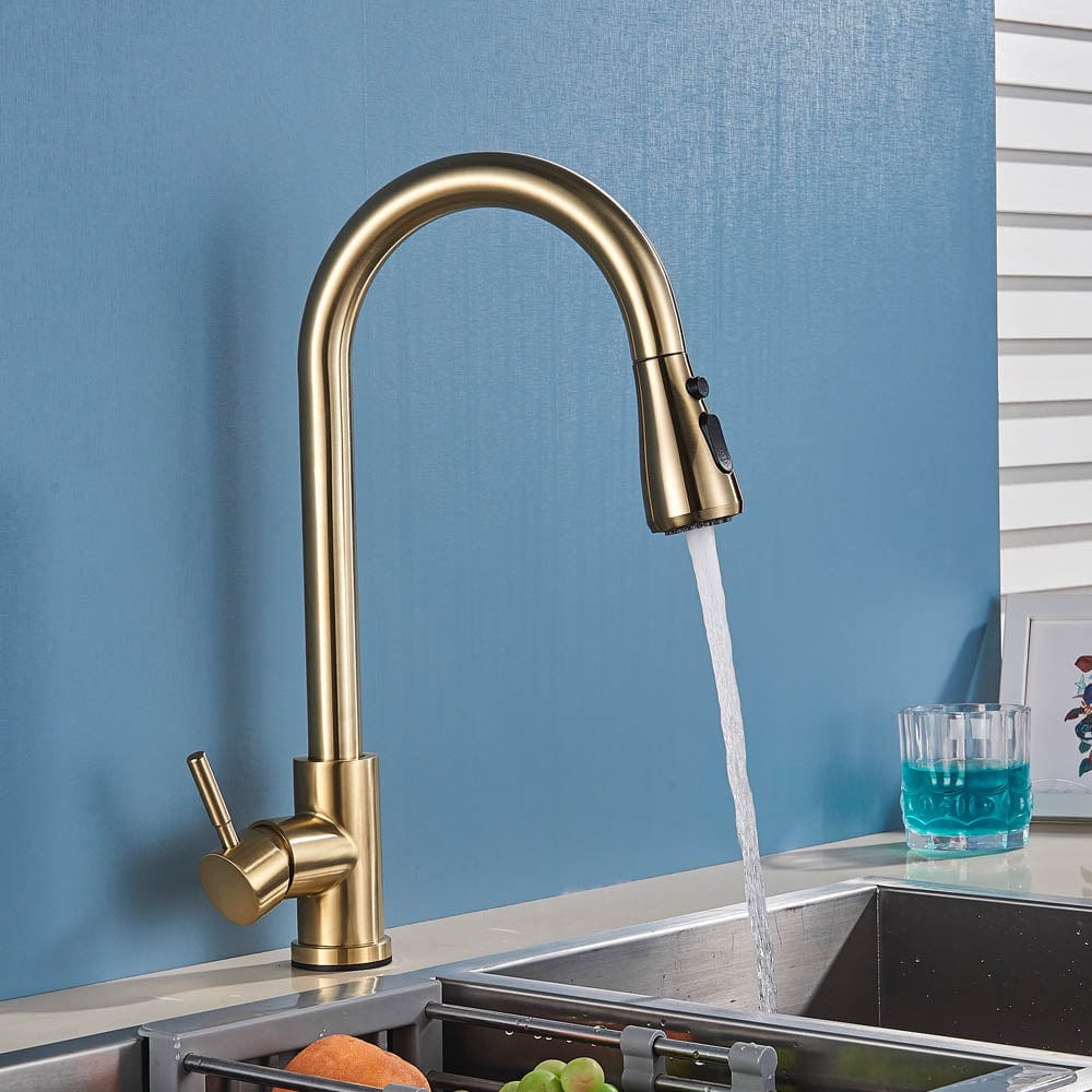 Baterie de bucatarie cu dus extractibil, auriu periat, cod 1468