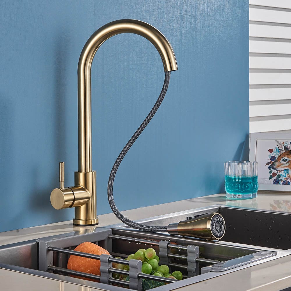 Baterie de bucatarie cu dus extractibil, auriu periat, cod 1468