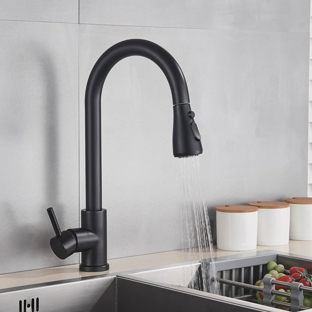 Baterie de bucatarie cu dus extractibil, negru mat, cod 1465