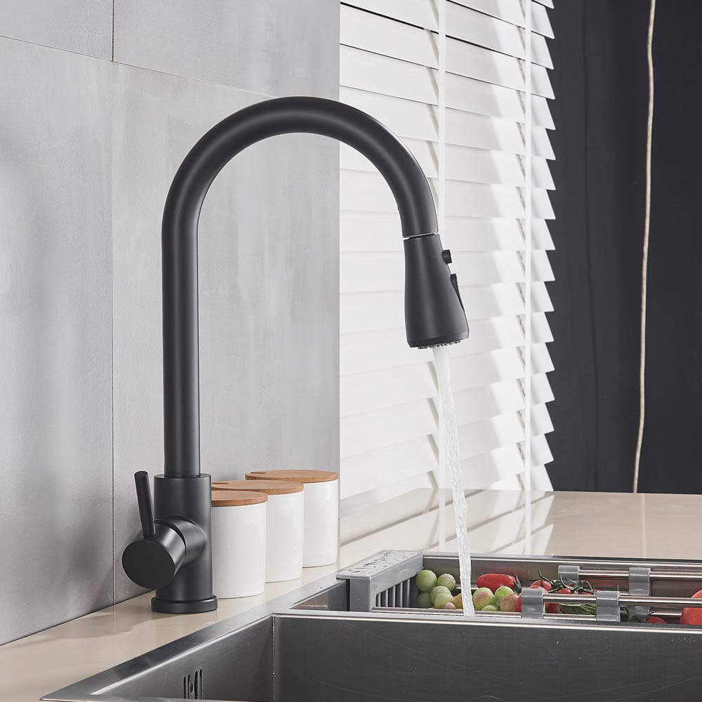 Baterie de bucatarie cu dus extractibil, negru mat, cod 1465