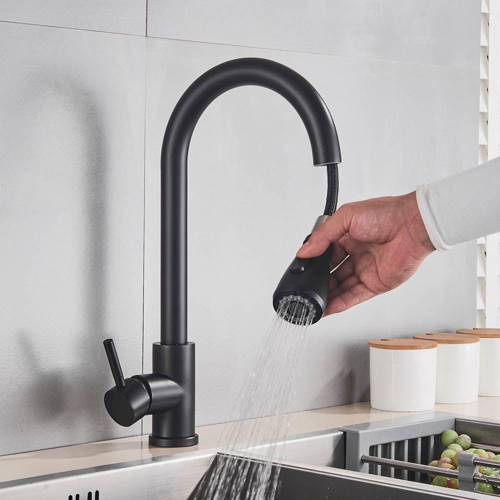 Baterie de bucatarie cu dus extractibil, negru mat, cod 1465