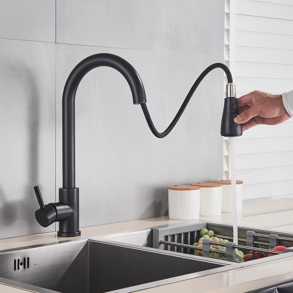 Baterie de bucatarie cu dus extractibil, negru mat, cod 1465