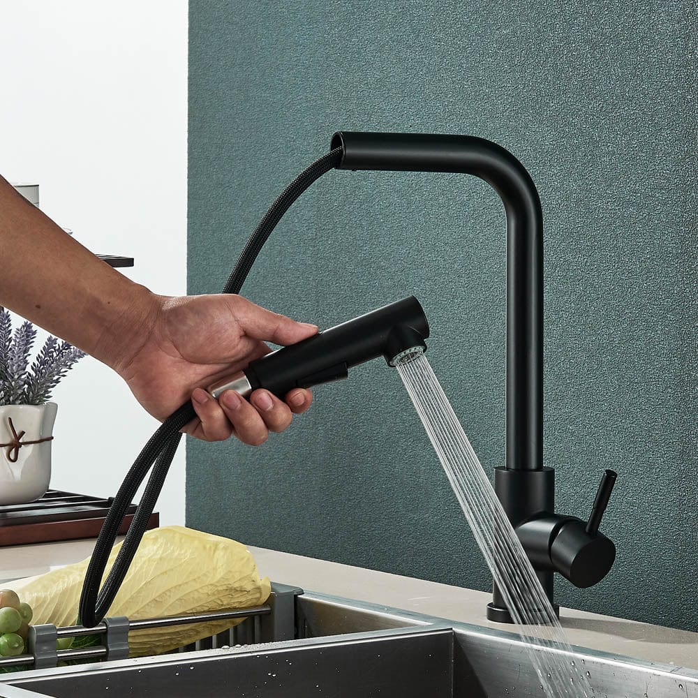 Baterie de bucatarie, cu dus extractibil, negru mat, cod 1469