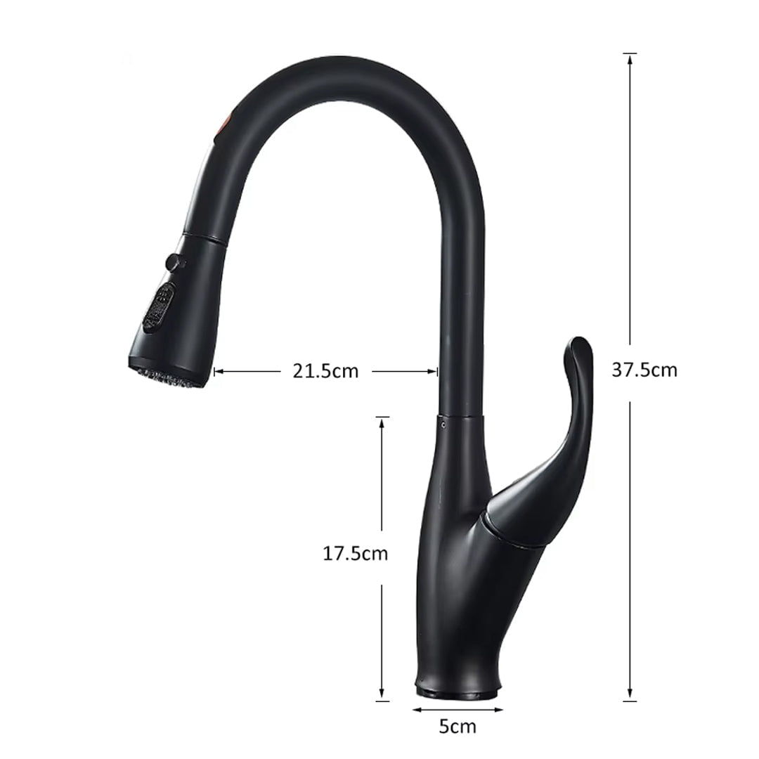 Baterie de bucatarie Kochen Matte, negru mat, cu 2 functii de curgere si dus extractibil, cod 1382