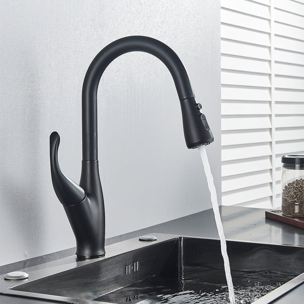 Baterie de bucatarie Kochen Matte, negru mat, cu 2 functii de curgere si dus extractibil, cod 1382