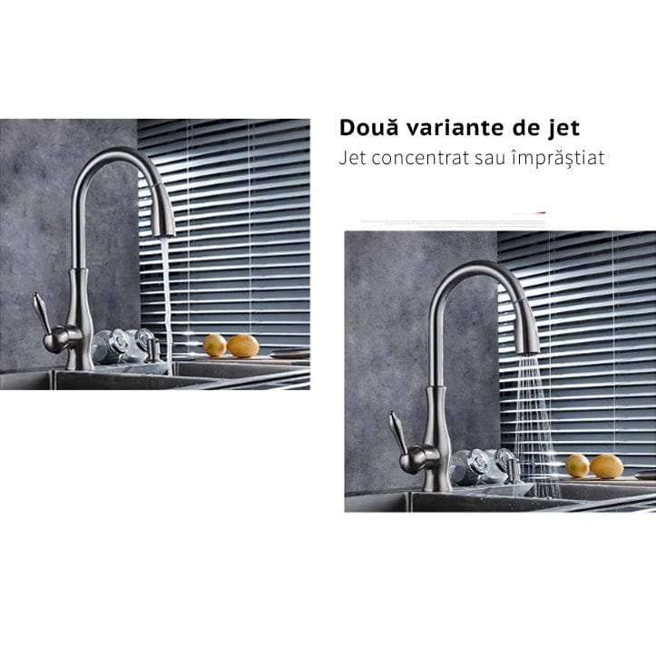 Baterie de bucatarie, nichelata, cu dus extractibil si 2 functii de curgere a apei, cod 1267