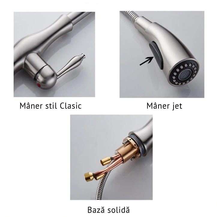 Baterie de bucatarie, nichelata, cu dus extractibil si 2 functii de curgere a apei, cod 1267