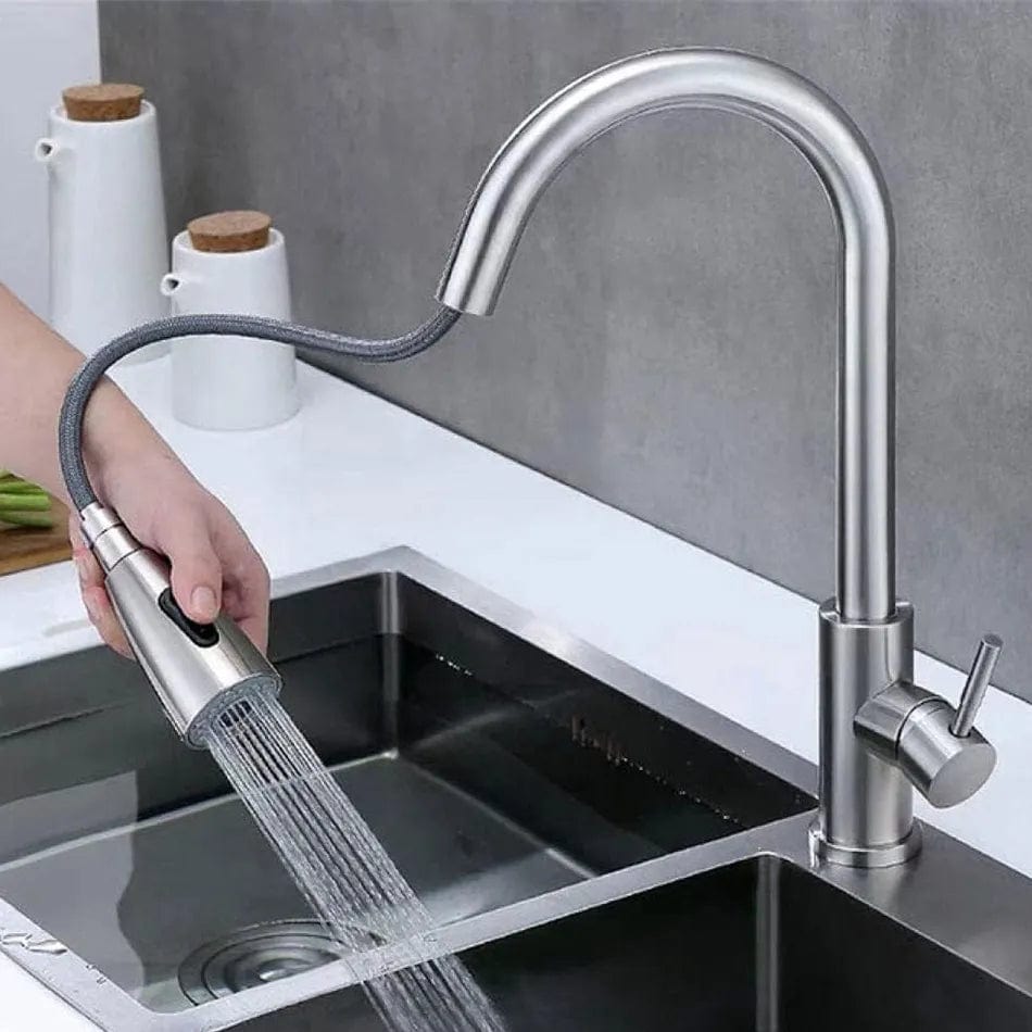 Baterie de bucatarie Rea Cross cu dus extractibil, argintiu lucios