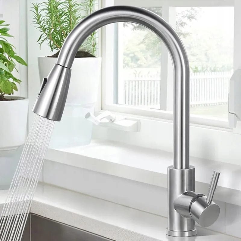 Baterie de bucatarie Rea Cross cu dus extractibil, argintiu lucios