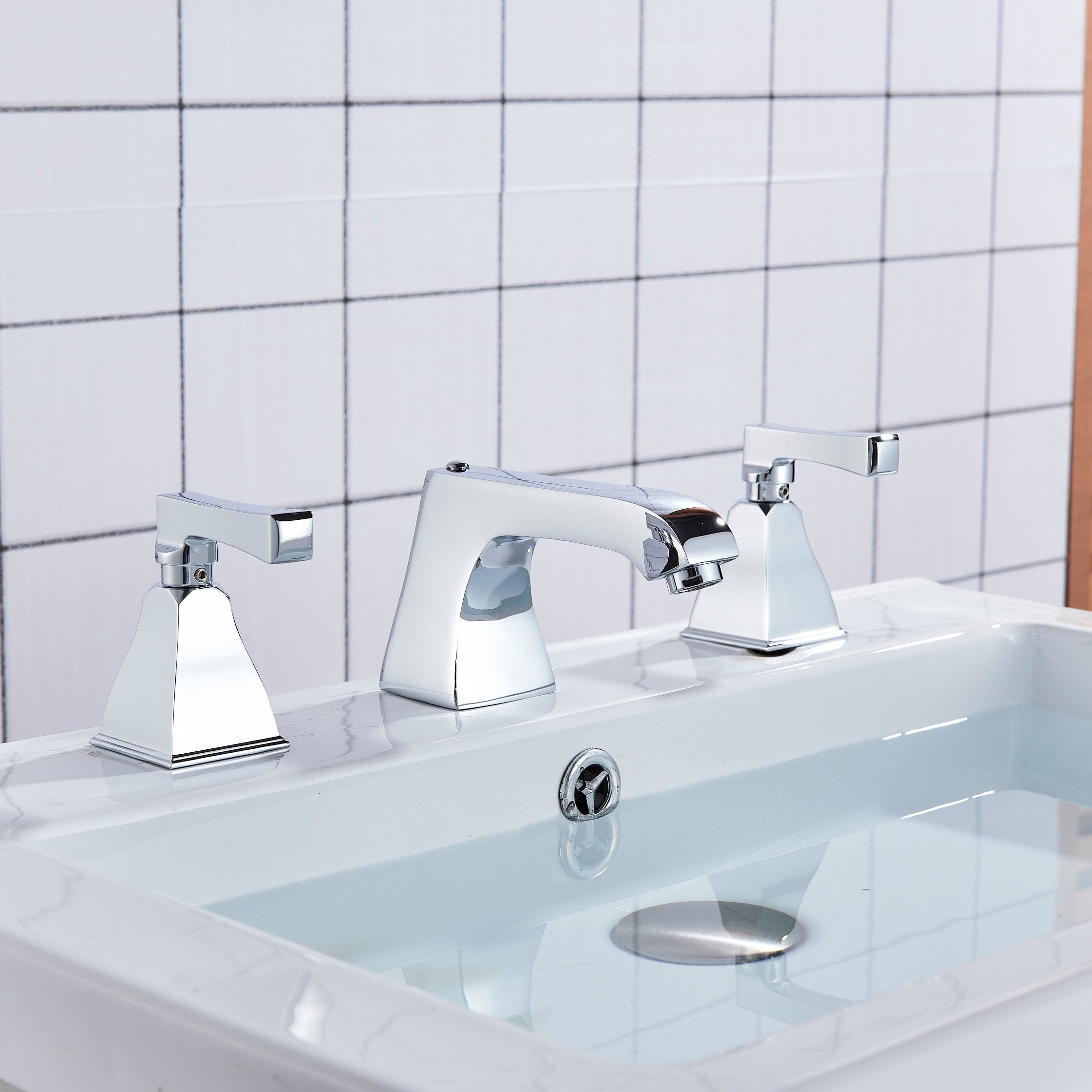 Baterie de lavoar cu design minimalist, doua manere, argintiu cromat, cod 1309