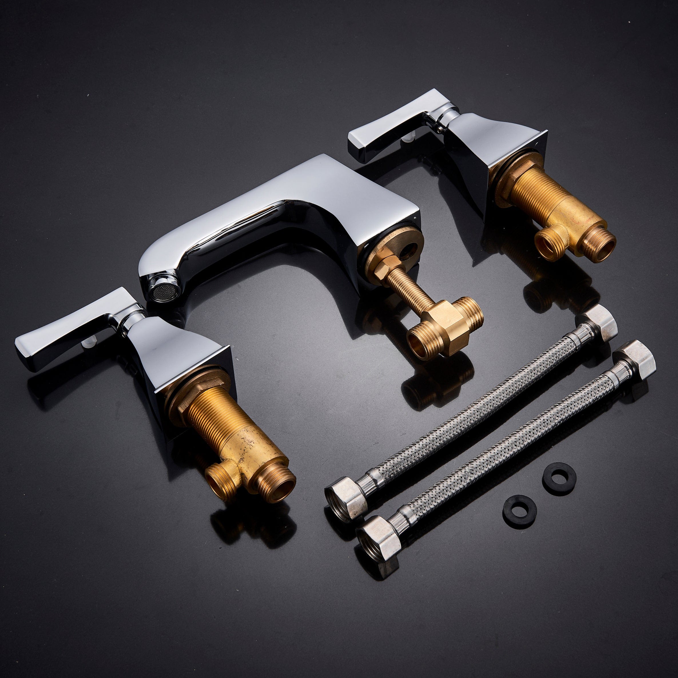 Baterie de lavoar cu design minimalist, doua manere, argintiu cromat, cod 1309