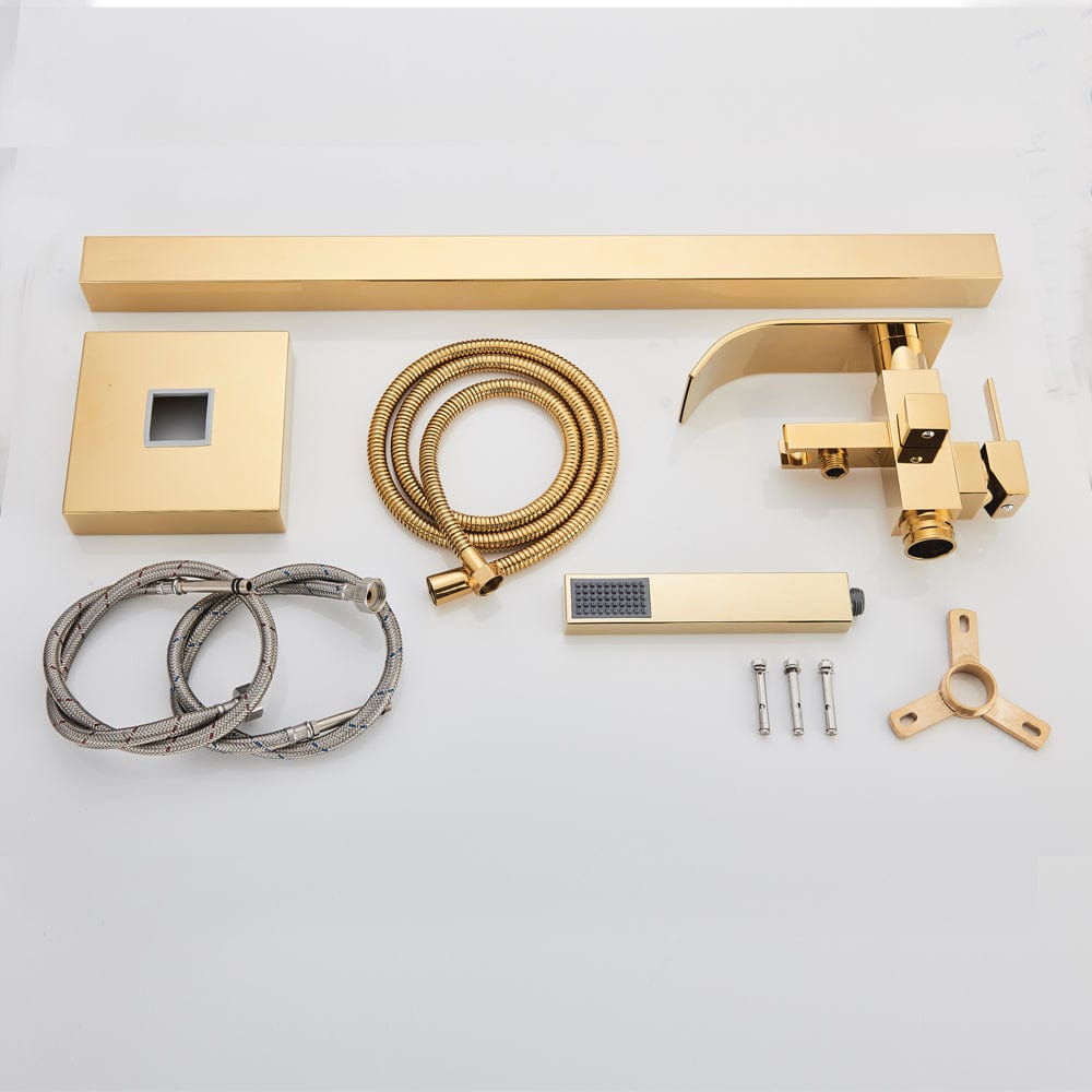 Baterie de podea cu cadru patrat si efect de cascada, cu 2 functii de curgere, auriu lucios, cod 1358