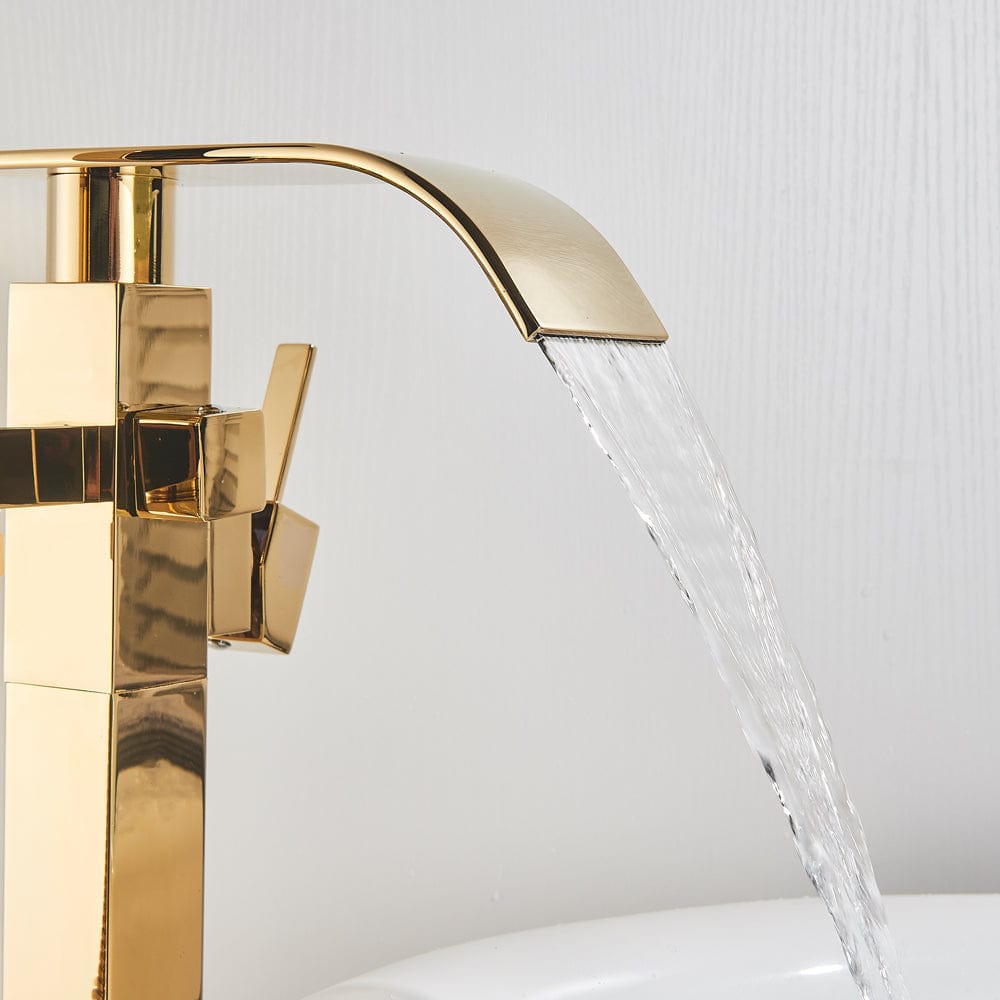 Baterie de podea cu cadru patrat si efect de cascada, cu 2 functii de curgere, auriu lucios, cod 1358