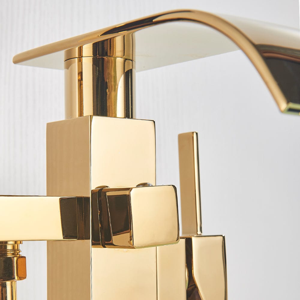 Baterie de podea cu cadru patrat si efect de cascada, cu 2 functii de curgere, auriu lucios, cod 1358